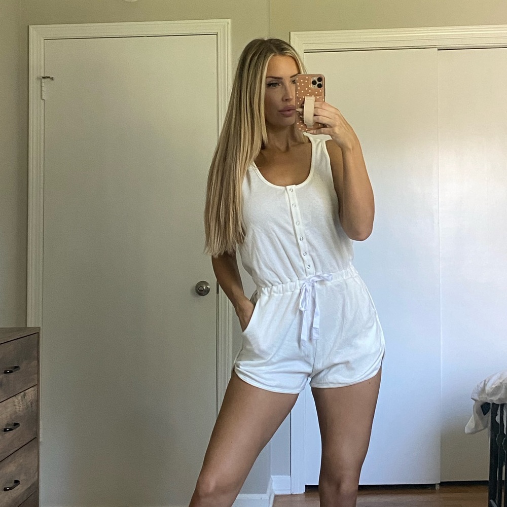 White waffle knit romper